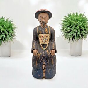 Vintage Asian Carved Figure – 8.5” Painted Robe Elder Statue – Distressed Finish